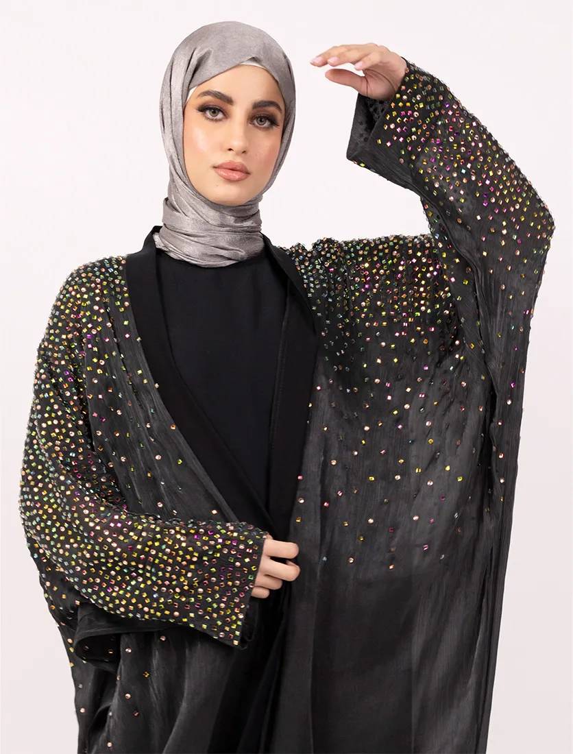 Black Multi Crystal Embellished Sheer Overlay Abaya